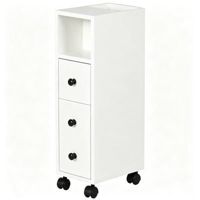 Slim Bathroom Cabinet with Wheels, Narrow Bathroom Storage Cabinet with Door, Drawer and 2 Open Compartments