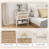 Set of 2 Boho Bedside Tables, Rattan Nightstands with 2 Drawers, Storage Shelf