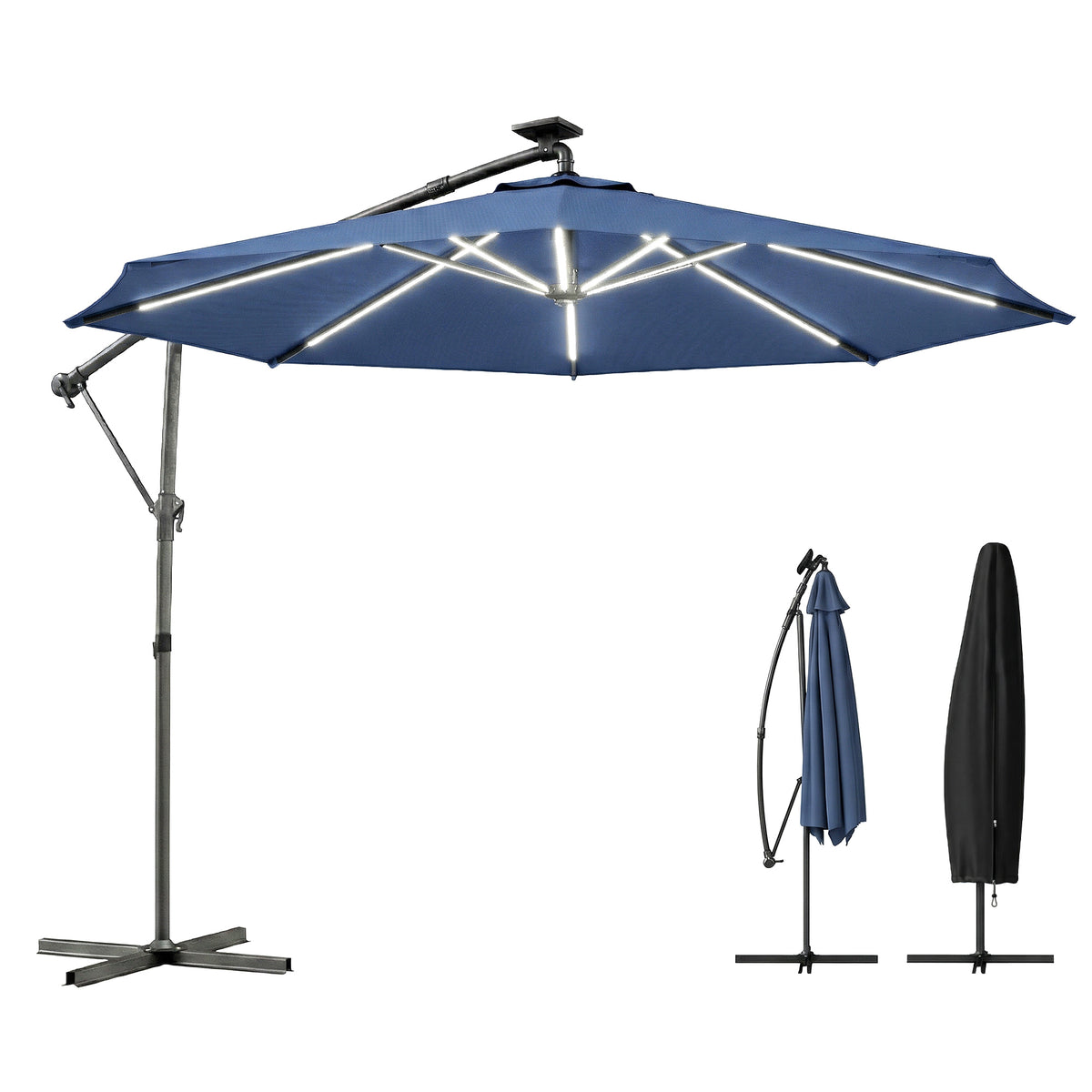 10 ft Offset Patio Umbrella with Solar Light, Garden Hanging Parasol with 360° Rotation, Tilt