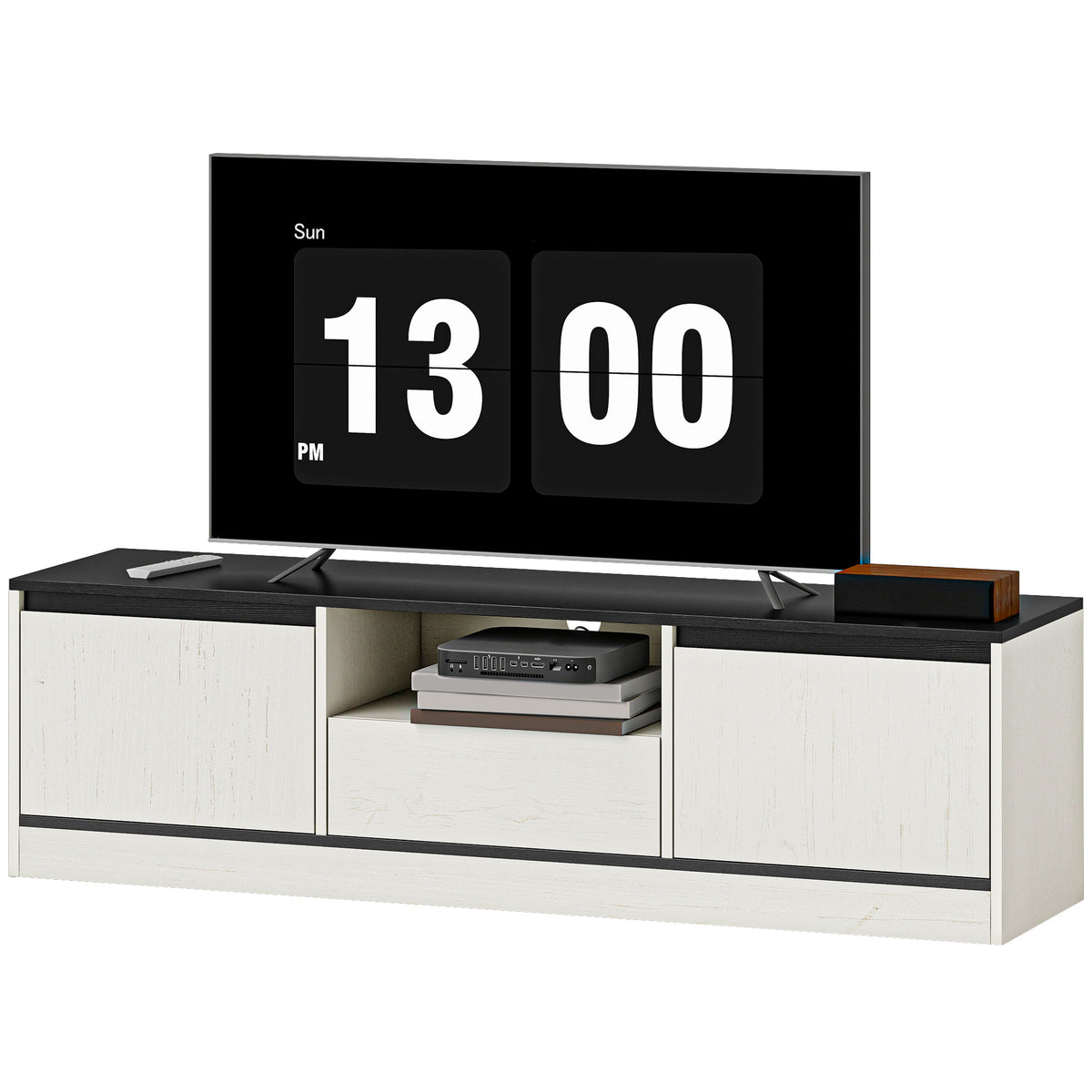 Meuble Télé pour Téléviseur 55-60 Pouces, Centre de Divertissement avec Armoires, Tablette, Tiroir et Gestion des Câbles pour Salon