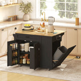 Kitchen Island Cart, Portable Kitchen Island Table with Charging Station, Rubber Wood Drop Leaf, Trash Storage