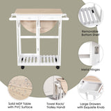 Kitchen Trolley 3 Piece Kitchen Cart Set Drop Leaf Breakfast Table and 2 Stools w/ Rolling Wheels & Towel Bars, Wood &