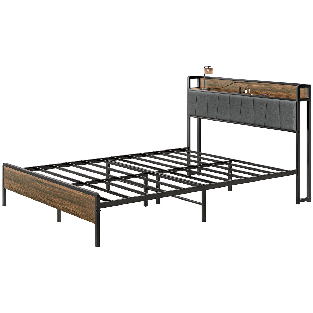Queen Size Bed Frame with Charging Station, Queen Bed Frame with Upholstered Headboard and Storage Shelf