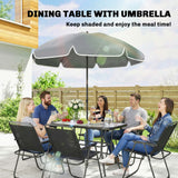 8 Piece Patio Table and Chairs Set with Folding Chairs, Tempered Glass Tabletop and Umbrella for Garden