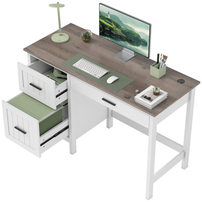 Computer Desk with 3 Drawers, Farmhouse Home Office Desk with File Drawer and Wood Grain Top for Small Spaces