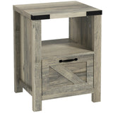 Table d'appoint avec rangement, Table de chevet de style ferme avec tiroir, étagère ouverte et panneau de style grange