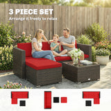 3 Pieces Patio Furniture Set with Cushions, Outdoor PE Rattan Wicker Conversation Corner Sofa Set with Glass Top Table