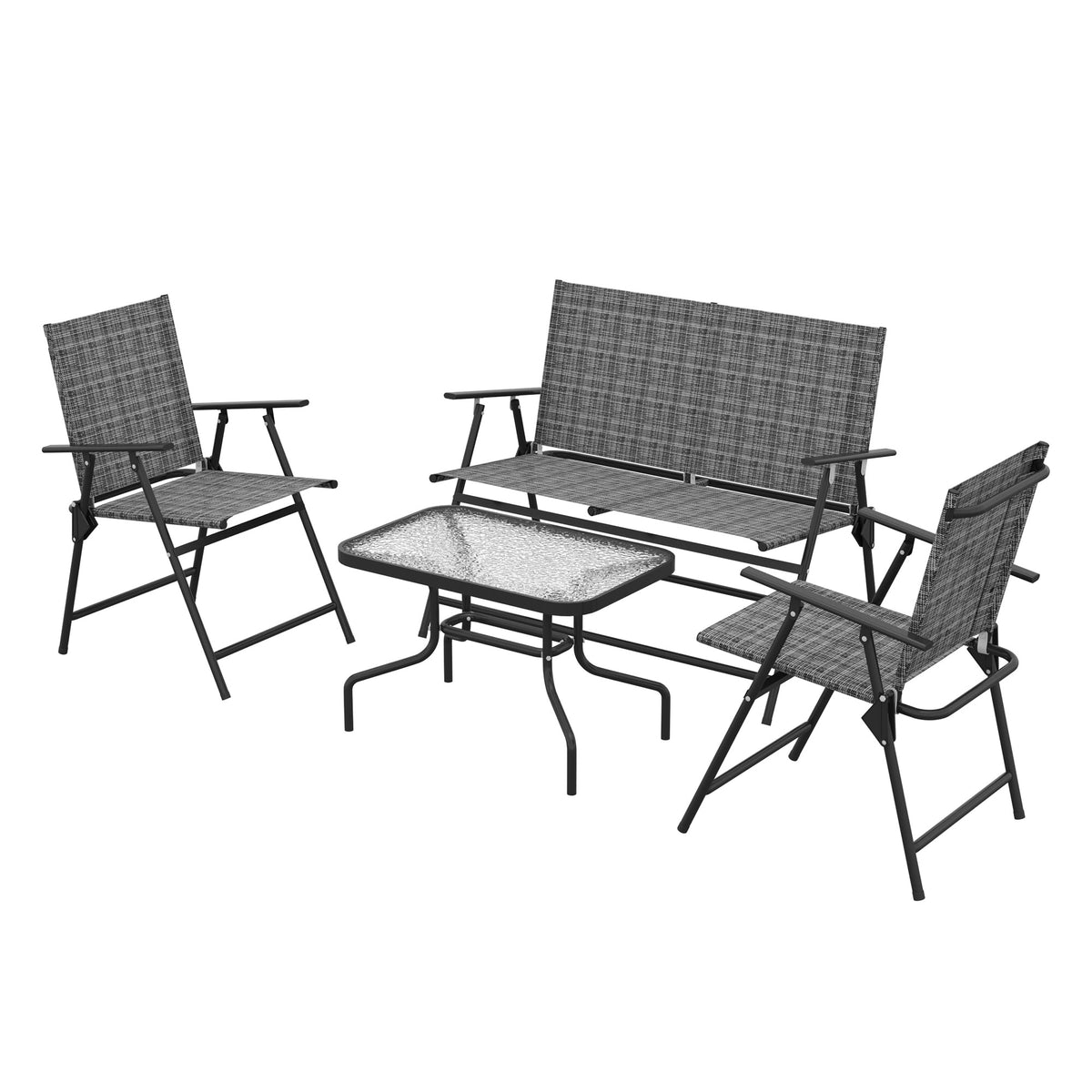 Outdoor 4 Pieces Patio Furniture Set, Garden Set with Two Foldable Armchairs, a Loveseat & Glass Top Table