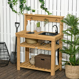Outdoor Potting Bench Table with Faucet, Hooks and Storage Shelves, Wood Work Bench Workstation