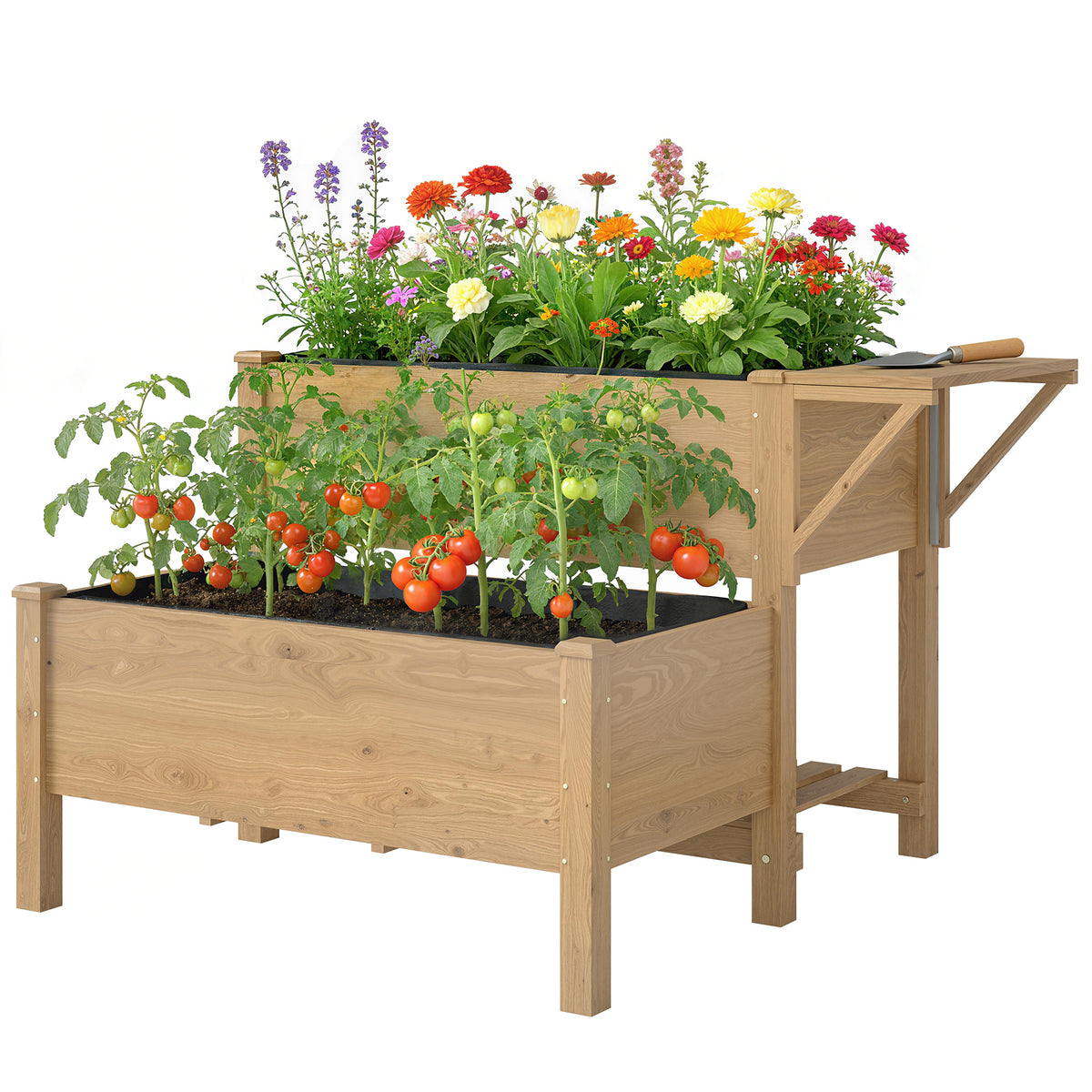 Wooden Raised Garden Bed, 2-Tier Raised Planter with Storage Shelf