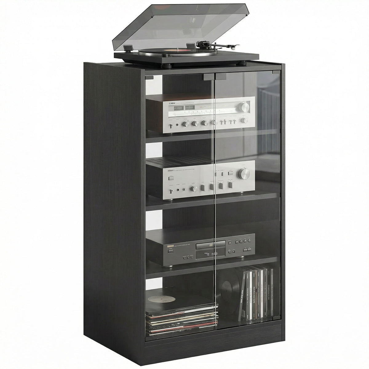 Meuble support AV 5 étages avec portes vitrées à ouverture tactile, armoire de rangement audio-vidéo avec étagères ajustables pour lecteurs DVD