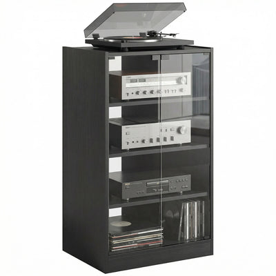 5-Tier AV Media Stand with Push to Open Glass Doors, Audio-Video Storage Cabinet with Adjustable Shelves for DVD Players
