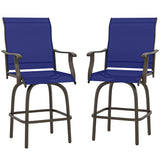 Ensemble de 2 tabourets de bar extérieurs, chaises pivotantes à hauteur de bar avec dossier haut, accoudoirs courbes et cadre en acier