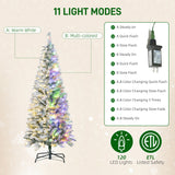 5ft Flocked Christmas Tree with Dual Colour LED Light, Pencil Hinged Xmas Tree with 11 Light Modes