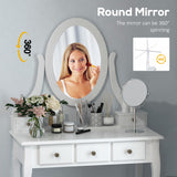 Wooden Vanity Table Set, Makeup Dressing Table with 360° Rotating, 5 Drawers and Padded Stool