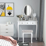 Wooden Vanity Table Set, Makeup Dressing Table with 360° Rotating, 5 Drawers and Padded Stool