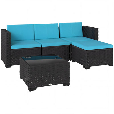 5 Piece Patio Furniture Set, L-Shape Wicker Outdoor Sectional with 3 Chairs, Glass Table