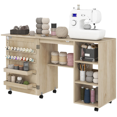 Sewing Machine Table with Drop Leaf, Folding Craft Table Rattan Door and Storage Shelves for Small Spaces