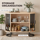 Sideboard Buffet Cabinet with Curved Tambour Doors, Thick Tabletop and Arc Metal Legs