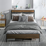 Queen Size Bed Frame with Charging Station, Queen Bed Frame with Upholstered Headboard and Storage Shelf