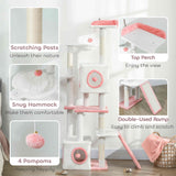 65 Inch Cat Tree with 2 Doors Condos, 4 Pompoms