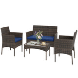 4 Pieces Wicker Outdoor Balcony Furniture Set Rattan Patio Furniture Set with Loveseat Chairs Glass Coffee Table