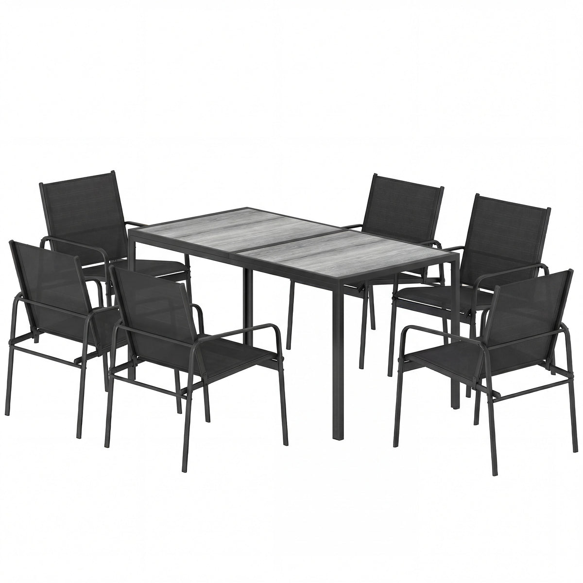 Ensemble de salle à manger extérieure pour 6, table de patio faux bois et chaises avec siège en maille respirante, cadre en acier galvanisé