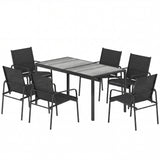Ensemble de salle à manger extérieure pour 6, table de patio faux bois et chaises avec siège en maille respirante, cadre en acier galvanisé