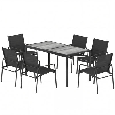 Outdoor Dining Set for 6, Faux Wood Patio Table and Chairs with Breathable Mesh Seat, Galvanized Steel Frame