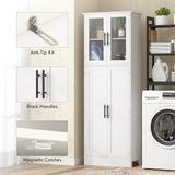 Armoire de salle de bain haute avec portes vitrées, unité économe d'espace avec tablettes ajustables, rangement autoportant