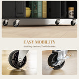 Kitchen Island on Wheels with Rubberwood Top, Rolling Kitchen Cart with 2 Drawers, 4 Doors and Adjustable Shelves