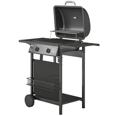2-Burner Propane Gas Grill, 18000 BTU BBQ Grill with Wheels, Warming Rack, Shelf