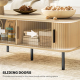 Coffee Table with Storage, Nordic Side Table with Fluted Tambour Sliding Doors and Steel Legs for Living Room