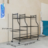 Garden Tool Organizer for Garage, 3-Tier Yard Tool Storage Rack with 32 Slots, 4 Wheels and 11 Hooks
