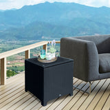 Table d'appoint en rotin, table à café en osier avec plateau en verre, mobilier de patio extérieur pour patio, bord de piscine, jardin et pelouse