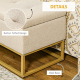 Banc de rangement ottoman avec couvercle rabattable, banc de rangement rembourré, repose-pieds en tissu de lin avec pieds en acier pour le salon