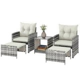 Ensemble mobilier patio 5 pièces, chaises patio rotin avec ottomans, table à café verre 2 étages et coussins