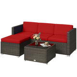 3 Pieces Patio Furniture Set with Cushions, Outdoor PE Rattan Wicker Conversation Corner Sofa Set with Glass Top Table