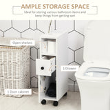 Slim Bathroom Cabinet with Wheels, Narrow Bathroom Storage Cabinet with Door, Drawer and 2 Open Compartments