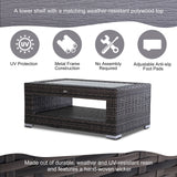 2-Tier Rattan Patio Coffee Table Wicker Patio Tea End Desk with Tempered Glass Top & Storage for Balcony