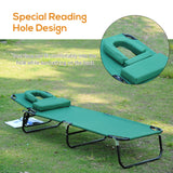 Folding Outdoor Lounge Chair, Portable Reclining Beach Lounger with Face Hole, 3-Position Adjustable Backrest