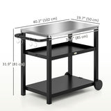 3-Shelf Outdoor Grill Dining Cart Pizza Oven Stand with Stainless Steel Top, Movable BBQ Food Prep Table Outdoor Kitchen Island with Hooks Wheels Handle