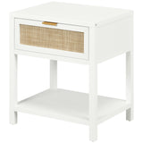 Boho Nightstand, Bedside Table with Rattan Drawer and Open Shelf
