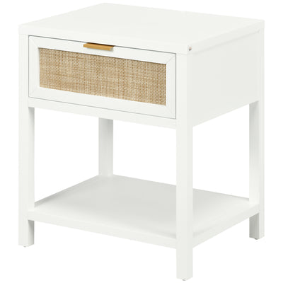 Boho Nightstand, Bedside Table with Rattan Drawer and Open Shelf
