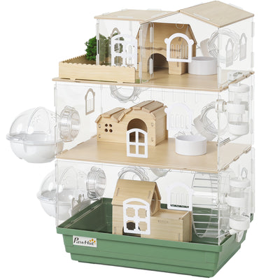 Large Hamster Cage, 3 Tiers Acrylic Hamster Habitat with Water Bottles, Running Wheel for Pet Mice