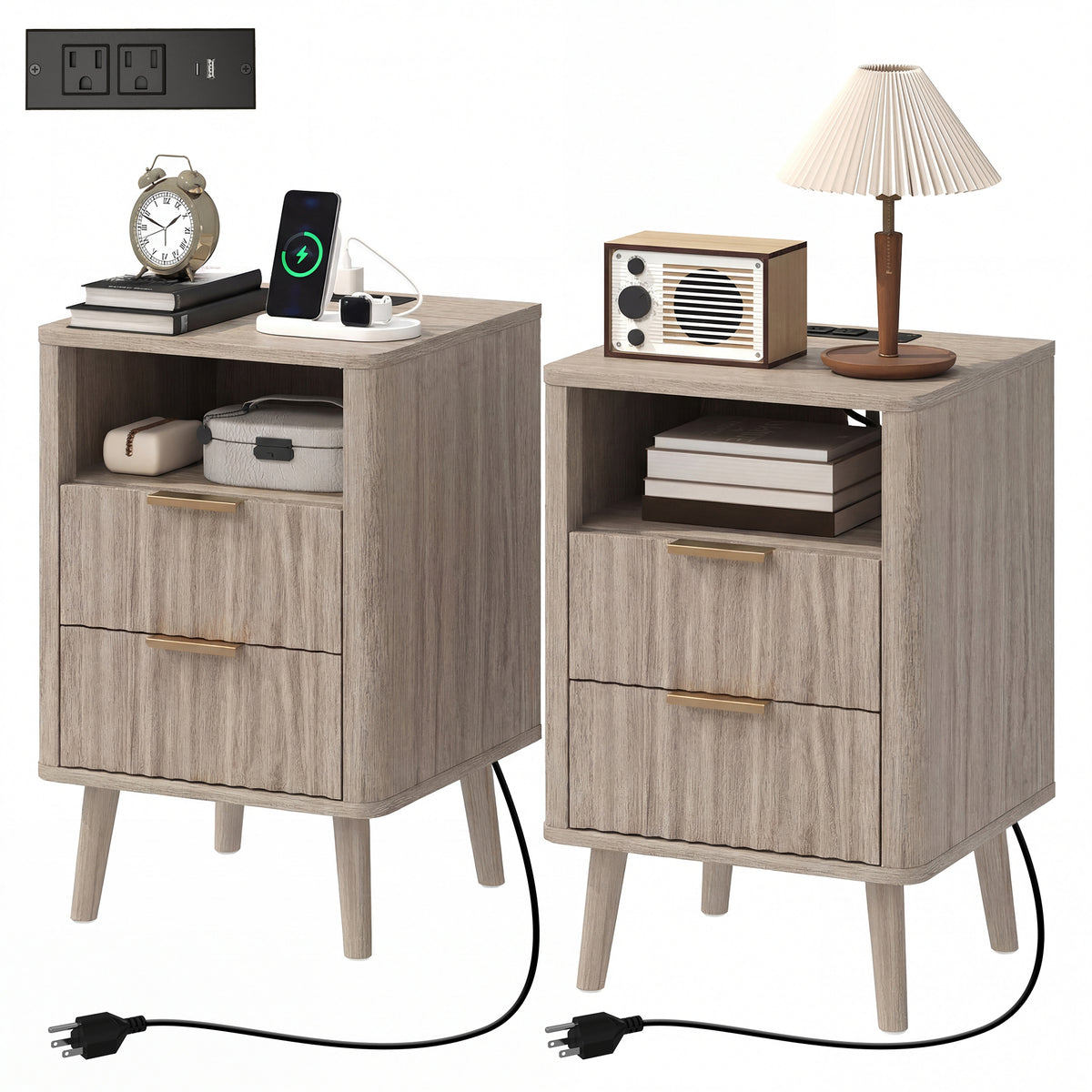 Nightstands Set of 2, Modern Bedside Tables with Charging Station, 2 Drawers and Open Shelf