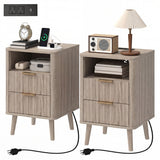 Nightstands Set of 2, Modern Bedside Tables with Charging Station, 2 Drawers and Open Shelf
