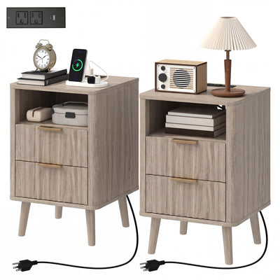 Nightstands Set of 2, Modern Bedside Tables with Charging Station, 2 Drawers and Open Shelf