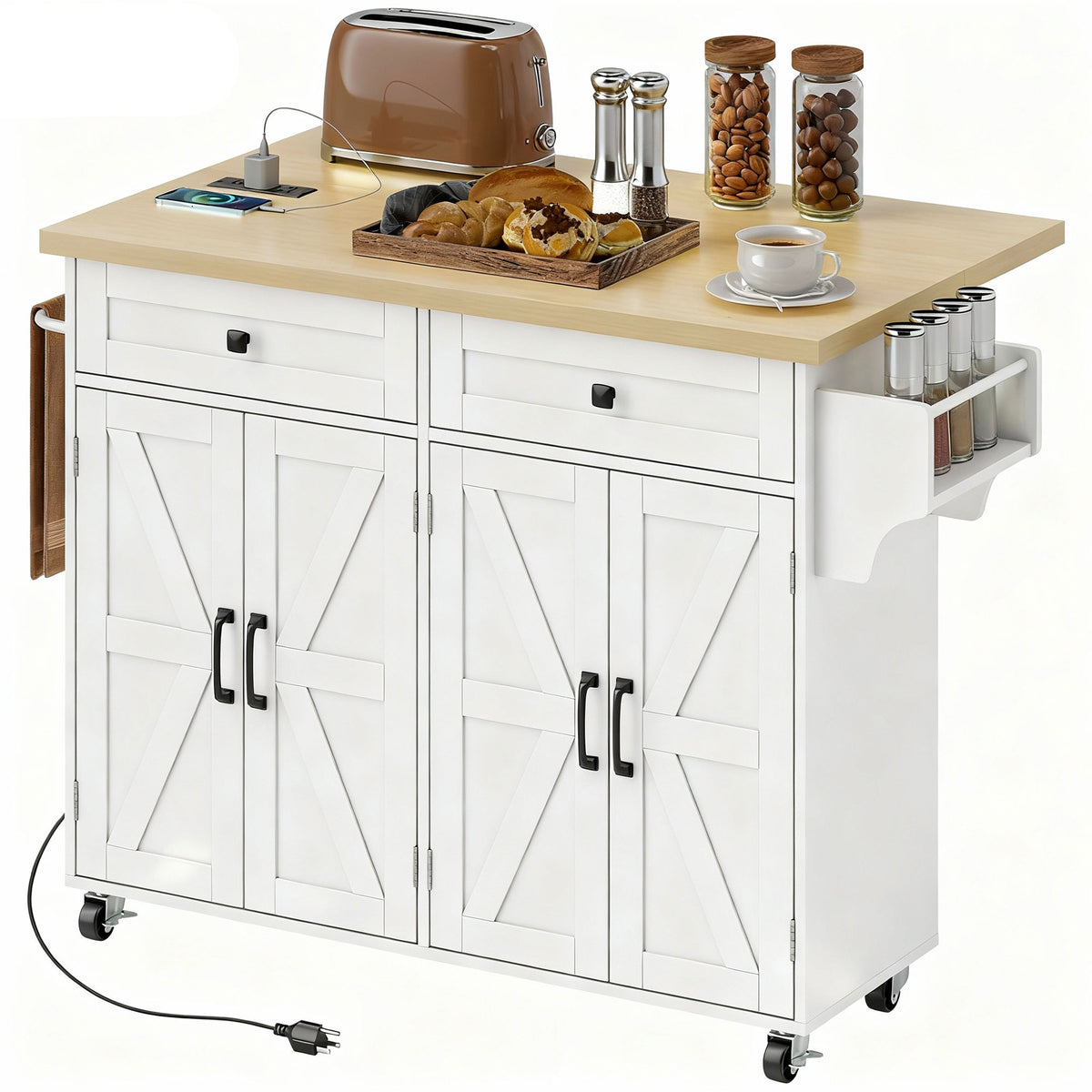 Kitchen Island with Storage, Rolling Kitchen Cart with Charging Station, Spice Rack, Drawers