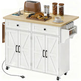 Kitchen Island with Storage, Rolling Kitchen Cart with Charging Station, Spice Rack, Drawers